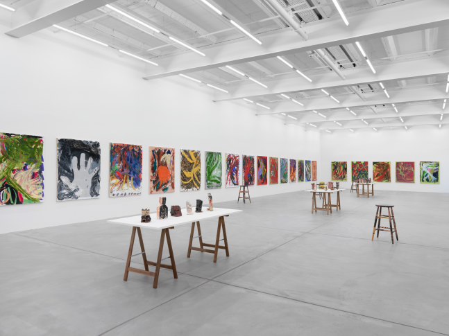 Installation view of Josh Smith paintings and ceramics exhibition