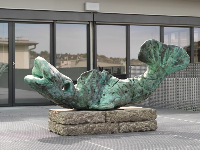 Josh Smith Happy Fish 2011 Bronze; concrete pedestal Sculpture 99.5 x 78.5 x 250 cm / 39 1/4 x 30 7/8 x 98 3/8 in Pedestal 30.5 x 141 x 70 cm / 12 x 55 1/2 x 27 1/2 in