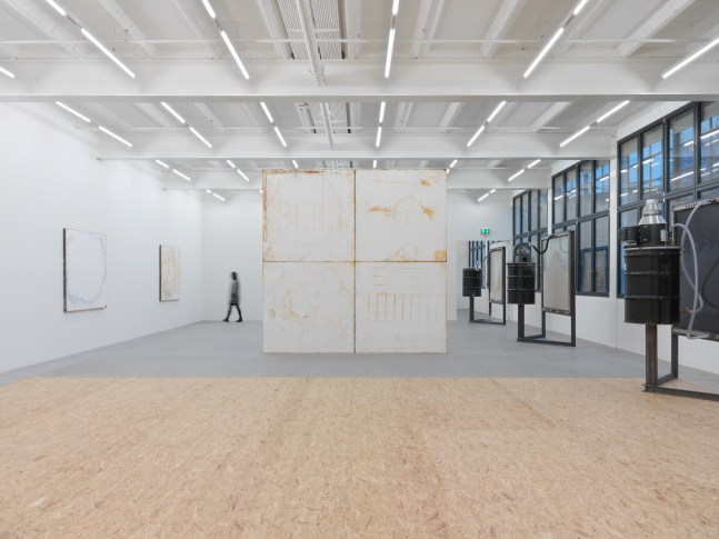 Installation view of Oscar Tuazon sculptures and floor installation exhibition