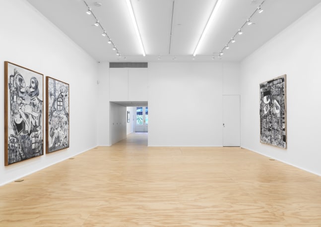 Installation view of Tobias Pils paintings and ink works on paper exhibition