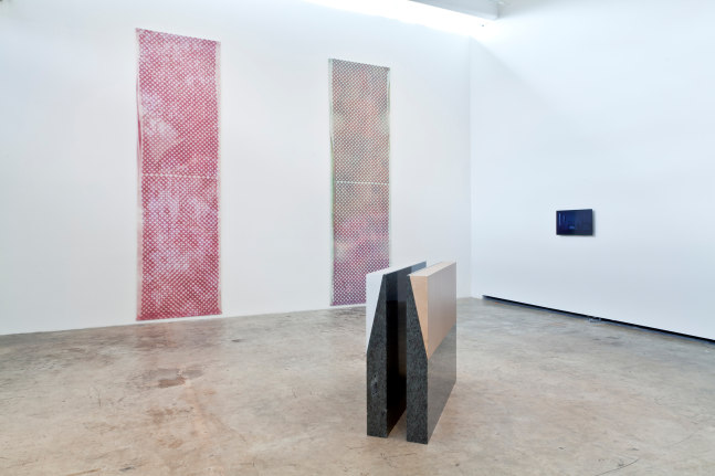 Installation view of paintings and sculptures by Sam Falls