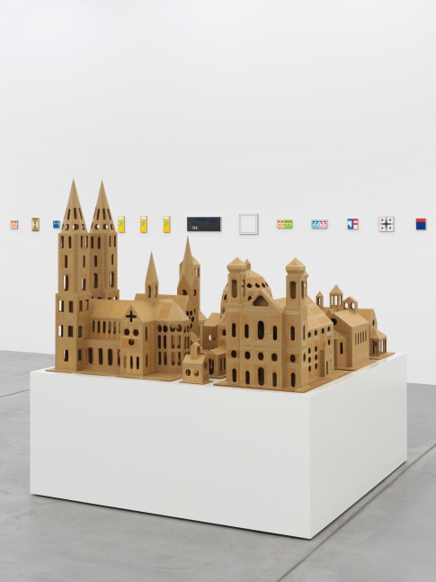 Installation view of Jean-Frédéric Schnyder paintings and cardboard sculpture exhibition