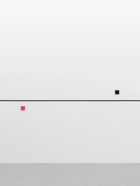 bass + (re)modification

2024

2 objects; lacquered MDF, black line on wall (2.5 cm wide, RAL9005 / deep

black)

Unique

Object 1 10 x 10 x 3 cm / 3 7/8 x 3 7/8 x 1 1/8 in

Object 2 10 x 10 x 3 cm / 3 7/8 x 3 7/8 x 1 1/8 in

Dimensions variable

&amp;copy; Gerwald Rockenschaub