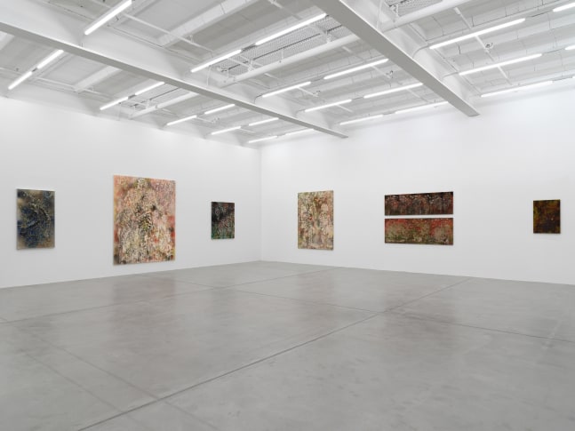 Installation view of Sam Falls paintings and ceramic reliefs exhibition