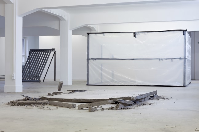 Installation view of sculptures by Oscar Tuazon