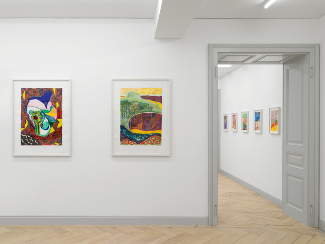 Installation view of Shara Hughes paintings and works on paper exhibition