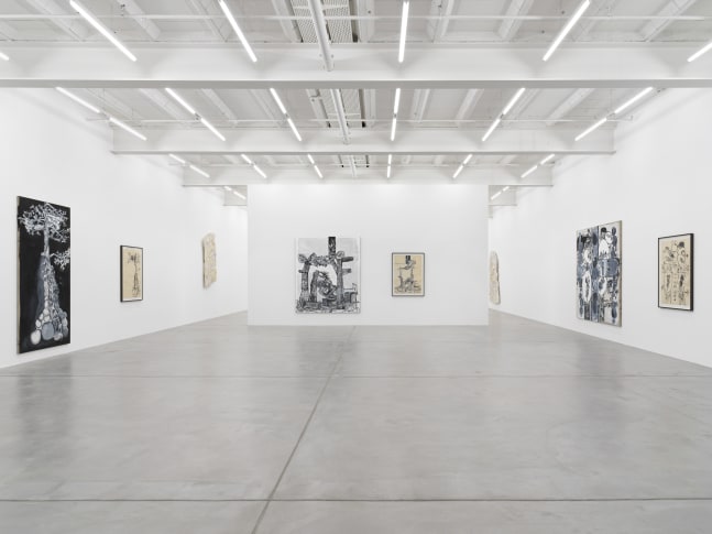 Installation view of Tobias Pils paintings and ink works on paper exhibition