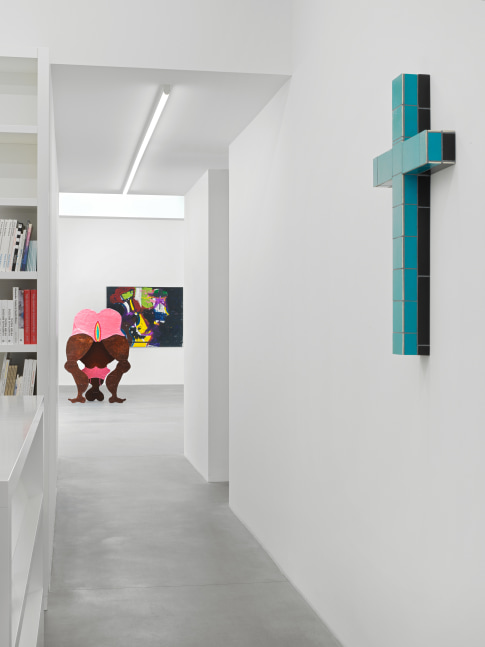 Installation view of group painting, print, and sculpture exhibition