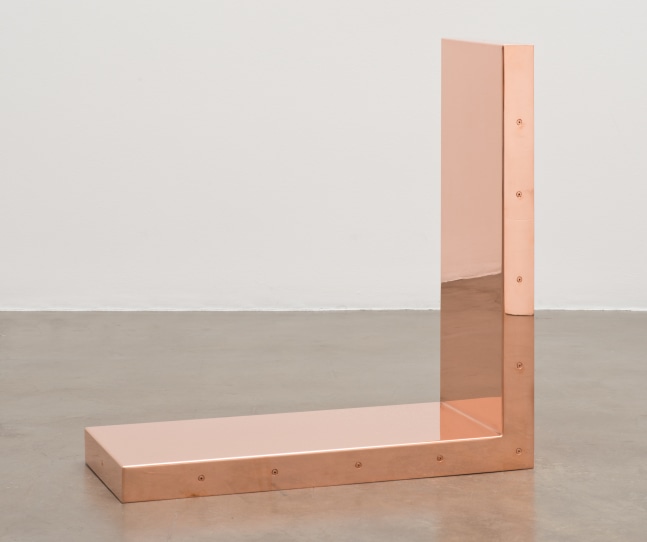Copper wall sculpture by Walead Beshty, Copper Surrogate (60” x 120” 48 ounce C11000 Copper Alloy, 90º Bend, 120” Bisection/Section 9: June 1–8/August 30, 2016, Zürich, Switzerland; June 19–21/November 15, 2018, Chur, Switzerland; May 22/September 13–17, 2019, Geneva, Switzerland; January 10–21/August 13, 2020, Winterthur, Switzerland) 2016– Polished copper 29 x 76 x 76 cm / 11 1/2 x 30 x 30 in