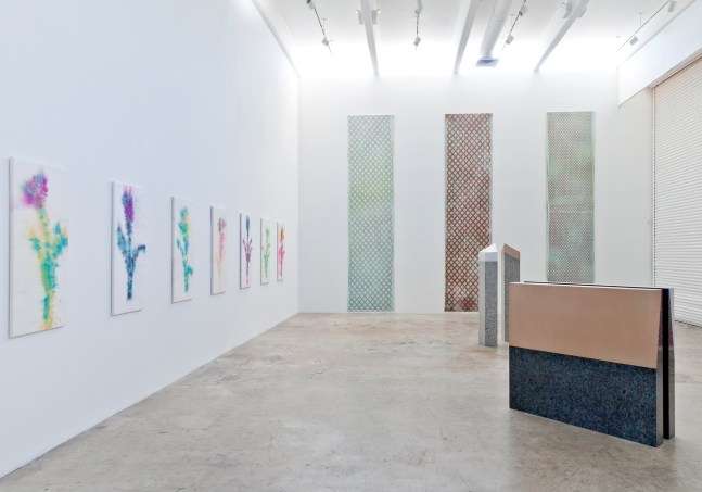 Installation view of paintings and sculptures by Sam Falls
