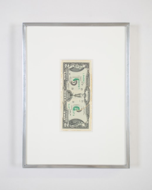 Blind Collage (Three 180&amp;deg; Rotations, United States Federal Reserve Two-Dollar Note: Series 2013, Issued by Federal Reserve Bank of San Francisco, California, Printed in Fort Worth, Texas, Plate Position F4, Front Plate No. 44, Back Plate No. 56, Serial No. L84090167A, #2) 

2021
United States Federal Reserve two-dollar note, tape, and 22 karat gold leaf
Object 6.5 x 15.5 cm / 2 5/8 x 6 1/8 inches
Frame 24 x 32.5 cm / 9 1/2 x 12 7/8 inches
BESHT48253