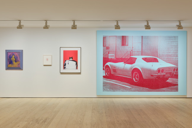 Installation view of sculptures, screen prints, paintings and drawings by Steven Shearer
