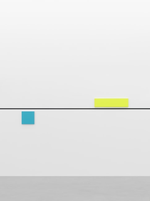 bass + (re)modification

2024

2 objects; lacquered MDF, black line on wall (2.5 cm wide, RAL9005 / deep

black)

Unique

Object 1 30 x 30 x 3 cm / 11 3/4 x 11 3/4 x 1 1/8 in

Object 2 20 x 80 x 3 cm / 7 7/8 x 31 1/2 x 1 1/8 in

Dimensions variable

&amp;copy; Gerwald Rockenschaub