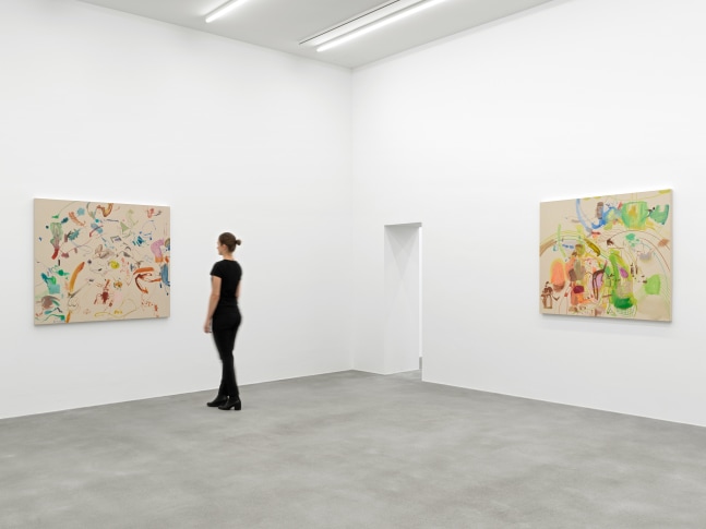 Installation view of Sue Williams painting and collage exhibition