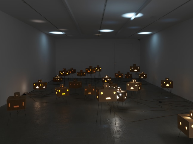 Installation view of Jean-Frédéric Schnyder paintings and cardboard sculpture exhibition