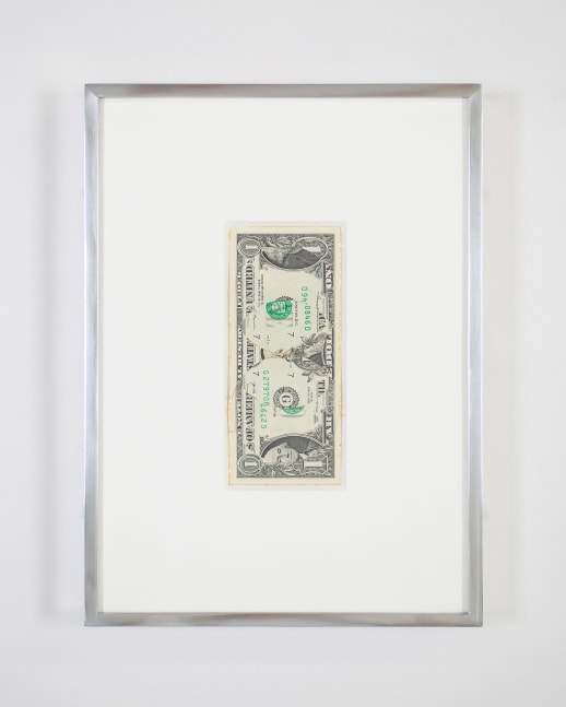 Blind Collage (Three 180&amp;deg; Rotations, United States Federal Reserve One-Dollar Note: Series 2017, Issued by Federal Reserve Bank of Chicago, Illinois, Printed in Fort Worth, Texas, Plate Position I5, Front Plate No. 48, Back Plate No. 49, Serial No. G27970846D, #2)
2021
United States Federal Reserve one-dollar bill, tape, and 22 karat gold leaf
Object 6.5 x 15.5 cm / 2 5/8 x 6 1/8 inches
Frame 24 x 32.5 cm / 9 1/2 x 12 7/8 inches
BESHT48254

&amp;nbsp;