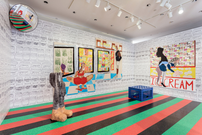 Installation view of paintings and sculptures by Tschabalala Self