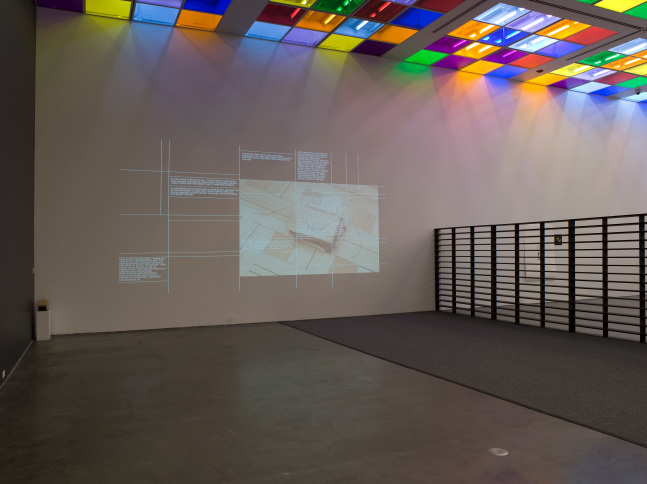 Installation view of sculptures and light installations by Liam Gillick