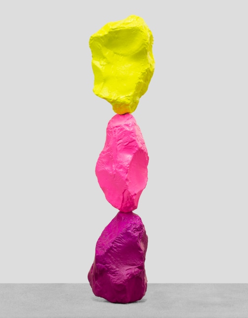 small violet pink yellow mountain
2024
Painted stone, stainless steel and stone base&amp;nbsp;
Sculpture 32 x 10 x 9 cm / 12 5/8 x 3 7/8 x 3 1/2 in
Pedestal 2 x 18 x 18 cm / 3/4 x 7 1/8 x 7 1/8 in
&amp;copy; Ugo Rondinone

&amp;nbsp;