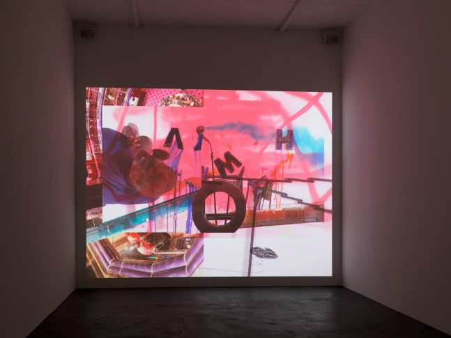 Installation view of Alex Hubbard sculptural paintings and film exhibition