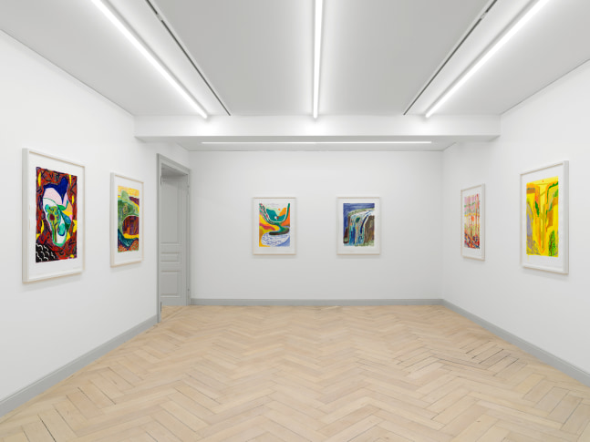 Installation view of Shara Hughes paintings and works on paper exhibition