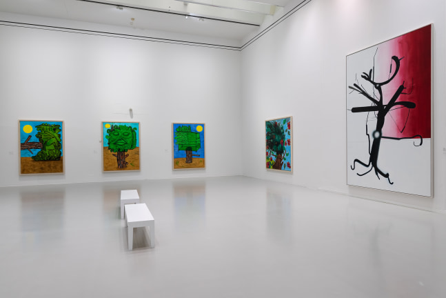 Installation view of paintings by Albert Oehlen and Carroll Dunham