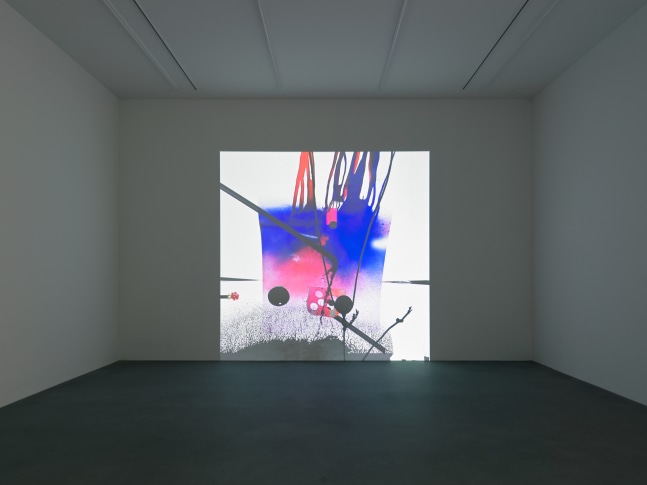Installation view of paintings and video by Alex Hubbard