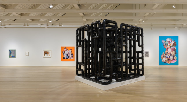 Installation view of sculptures, screen prints, paintings and drawings by Steven Shearer