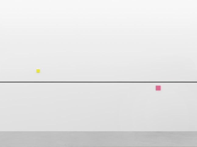 bass + (re)modification

2024

2 objects; lacquered MDF, black line on wall (2.5 cm wide, RAL9005 / deep

black)

Unique

Object 1 10 x 10 x 3 cm / 3 7/8 x 3 7/8 x 1 1/8 in

Object 2 15 x 15 x 3 cm / 5 7/8 x 5 7/8 x 1 1/8 in

Dimensions variable

&amp;copy; Gerwald Rockenschaub