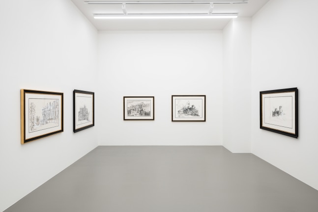 installation view of drawings and paintings by Karen Kilimnik