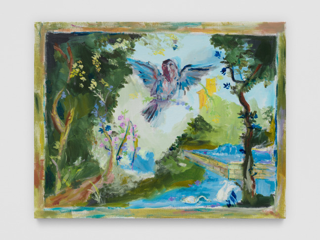 painting of an owl flying though the woods by Karen Kilimnik