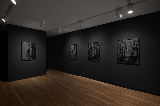 Installation view of black and white paintings by Adam Pendleton