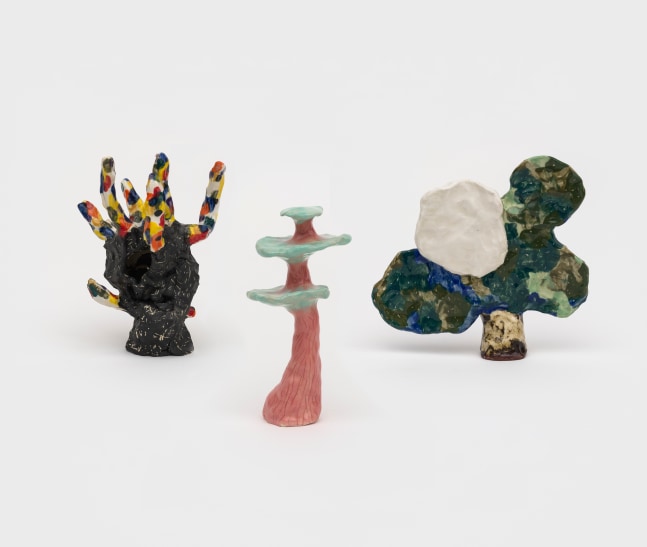 Tree Farm Group 15

2024

Glazed and painted ceramics; 3 parts

Object A 18 x 10 x 7 cm / 7 1/8 x 3 7/8 x 2 3/4 in

Object B 22 x 6 x 5 cm / 8 5/8 x 2 3/8 x 2 in

Object C 18 x 19 x 5 cm / 7 1/8 x 7 1/2 x 2 in

&amp;copy; Shara Hughes