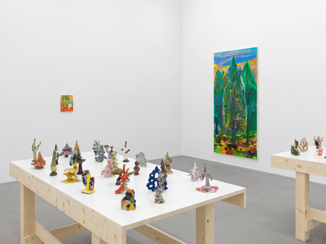 Installation view, Shara Hughes, Tree Farm, Galerie Eva Presenhuber, Waldmannstrasse, Zurich, 2024