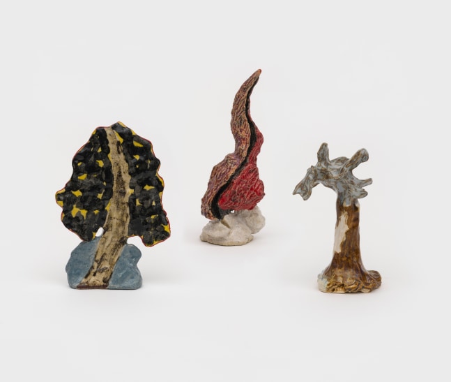 Tree Farm Group 10

2024

Glazed and painted ceramics; 3 parts

Object A 20.5 x 8 x 5 cm / 8 1/8 x 3 1/8 x 2 in

Object B 20 x 5 x 5 cm / 7 7/8 x 2 x 2 in

Object C 17 x 6 x 4 cm / 6 3/4 x 2 3/8 x 1 5/8 in

&amp;copy; Shara Hughes