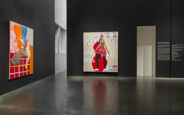 Installation view of paintings and sculptures by Tschabalala Self