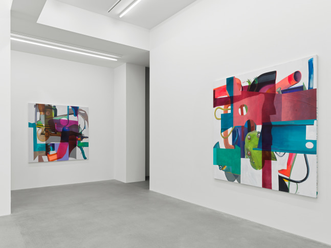 Installation view of paintings and video by Alex Hubbard