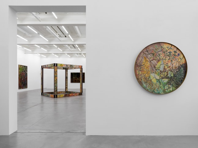 Installation view of Sam Falls paintings and sculptures exhibition