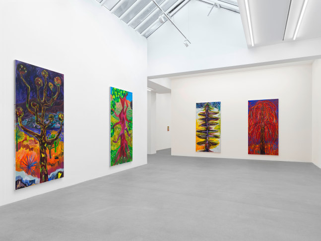 Installation view, Shara Hughes, Tree Farm, Galerie Eva Presenhuber, Waldmannstrasse, Zurich, 2024