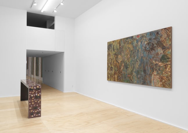Installation view of Sam Falls paintings and sculptures exhibition