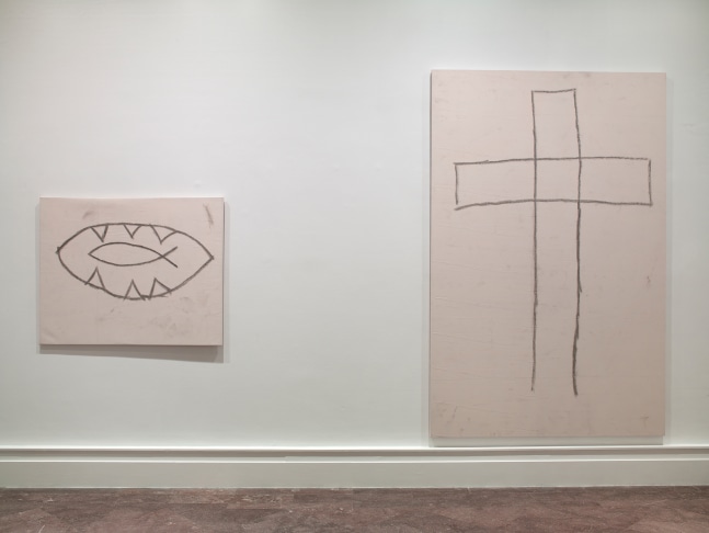 Installation view of paintings by Joe Bradley