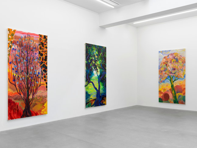 Installation view, Shara Hughes, Tree Farm, Galerie Eva Presenhuber, Waldmannstrasse, Zurich, 2024