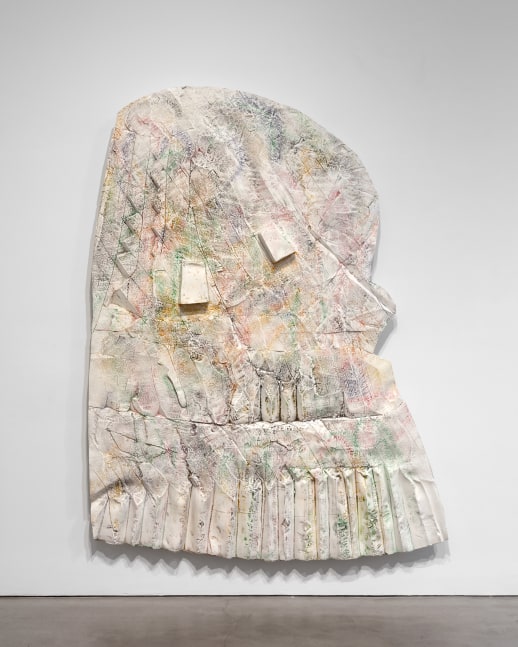 Indoor view of Justin Matherly wall relief, Untitled 2019 Modified gypsum, spray paint; two parts 240.5 x 181.5 x 12.5 cm / 94 3/4 x 71 1/2 x 5 in