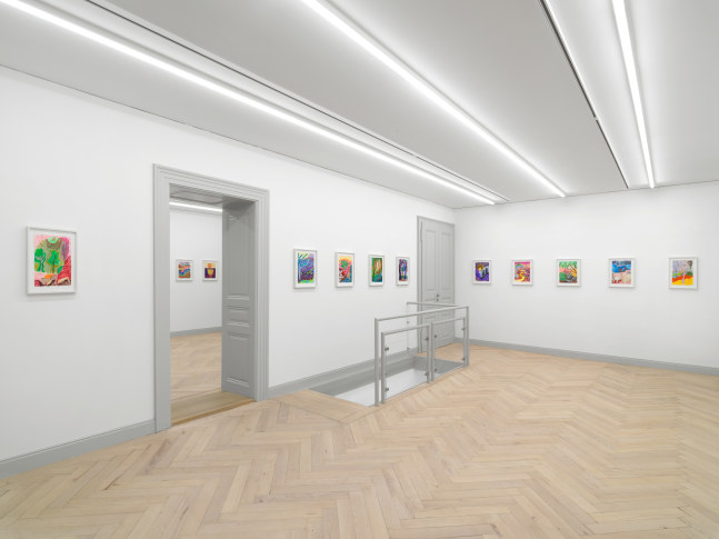 Installation view of Shara Hughes paintings and works on paper exhibition