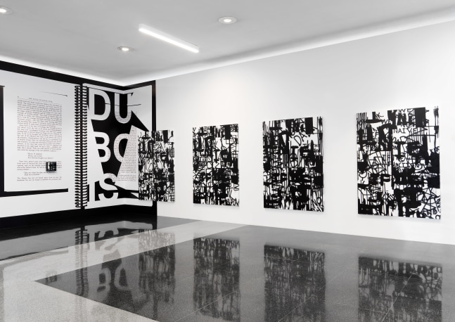 Installation view of paintings by Adam Pendleton