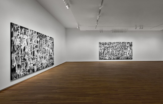 Installation view of black and white paintings by Adam Pendleton