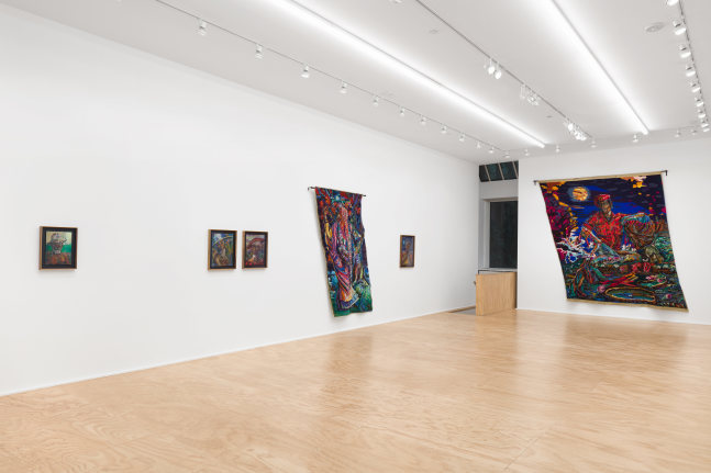 Installation view of drawings and textile works by Athi-Patra Ruga