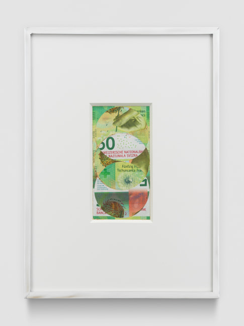Blind Collage (Three 180&amp;ordm; Rotations, Swiss National Bank Fifty-Franc Note: Series 2016, Issued by Banque Nationale Suisse, Printed in Z&amp;uuml;rich, Switzerland by Orell F&amp;uuml;ssli Security Printing Ltd., Designed by Manuela Pfrunder GMBH, Serial No. 15E5204488, #1)

2021

Swiss National Bank fifty-franc note, tape, and 22 karat gold leaf

Object 7 x 13.5 cm / 2 3/4 x 5 3/8 inches

Frame 24 x 32.5 x 4 cm / 9 1/2 x 12 7/8 x 1 5/8 inches

BESHT48262