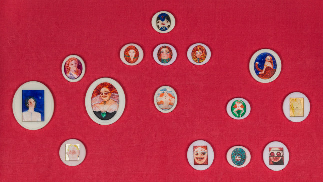 installation view of paintings by Sofia Mitsola