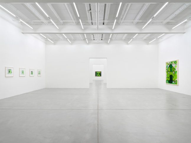 Installation view of paintings and drawings by Carroll Dunham